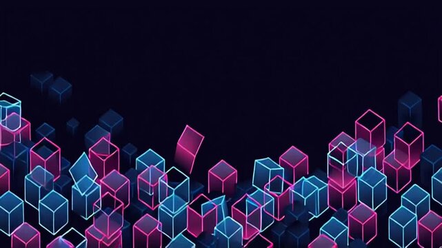 Minimalist vector line geometric pattern of blue and pink cubes on a dark background, for banner design with copy space, a futuristic technology concept