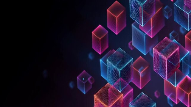 Minimalist vector line geometric pattern of blue and pink cubes on a dark background, for banner design with copy space, a futuristic technology concept