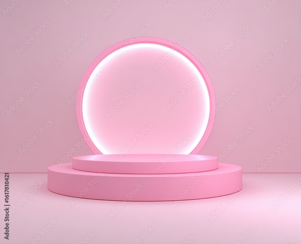 Fototapete 3d render of a simple, empty pink podium with a glowing circular frame on a pastel background. this 
