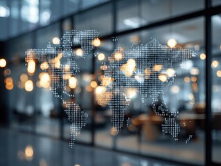 Abstract world map overlaid on a blurred office background