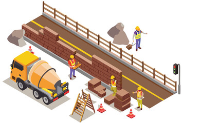 Isometric view of road construction with workers, cement mixer, and traffic light on a white background