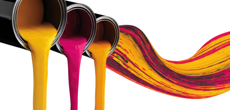 Colorful paint pouring from containers, creating a swirling pattern