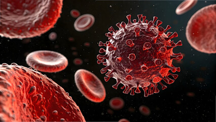 3D rendered red blood cells flowing through a human artery with virus, vital for health and medical biology