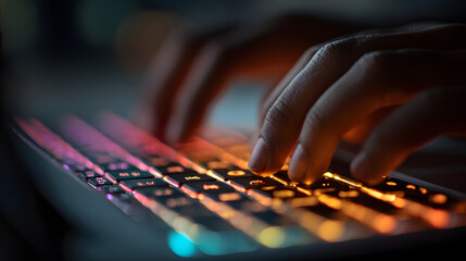 Typing on laptop keyboard with neon lights for coding programming and gaming with fingers close up view
