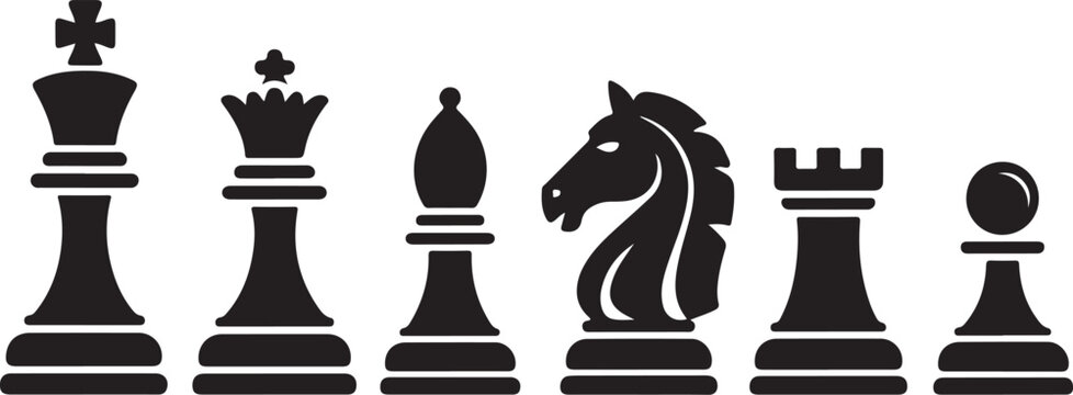 Set of chess vector icons. Black silhouette with chess. King, queen, pawn, horse and rook