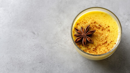 Creamy turmeric yellow beverage with star anise and cinnamon on gray surface  