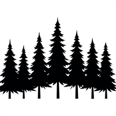Obraz premium Horizontal panel of grouped pine tree silhouettes isolated on white background