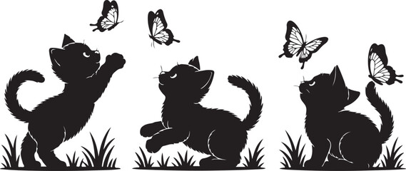 Silhouettes of cats with butterflies