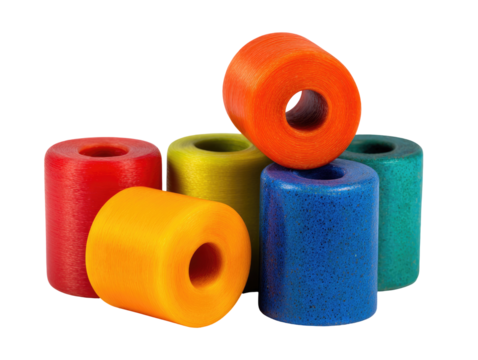 Colorful cylindrical objects, various vibrant hues, stacked