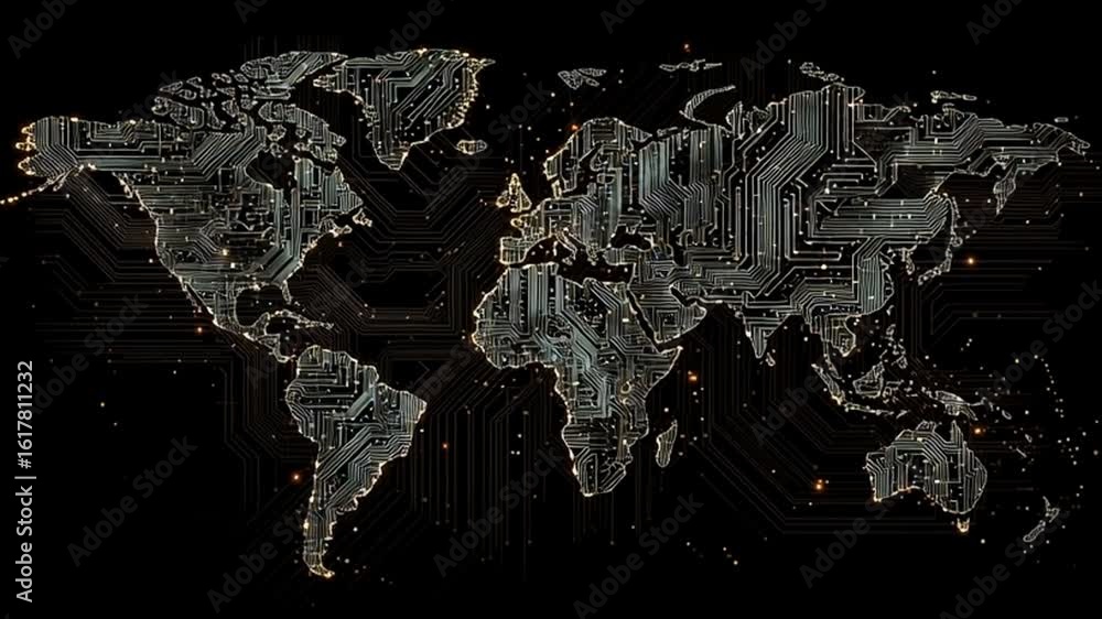 Poster digital world map with circuit board lines and global network connections, representing the intercon