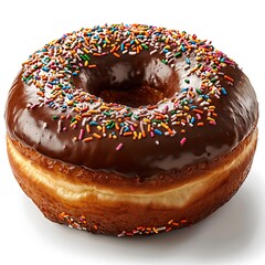 A delicious donut with chocolate frosting and colorful sprinkles on a white surface