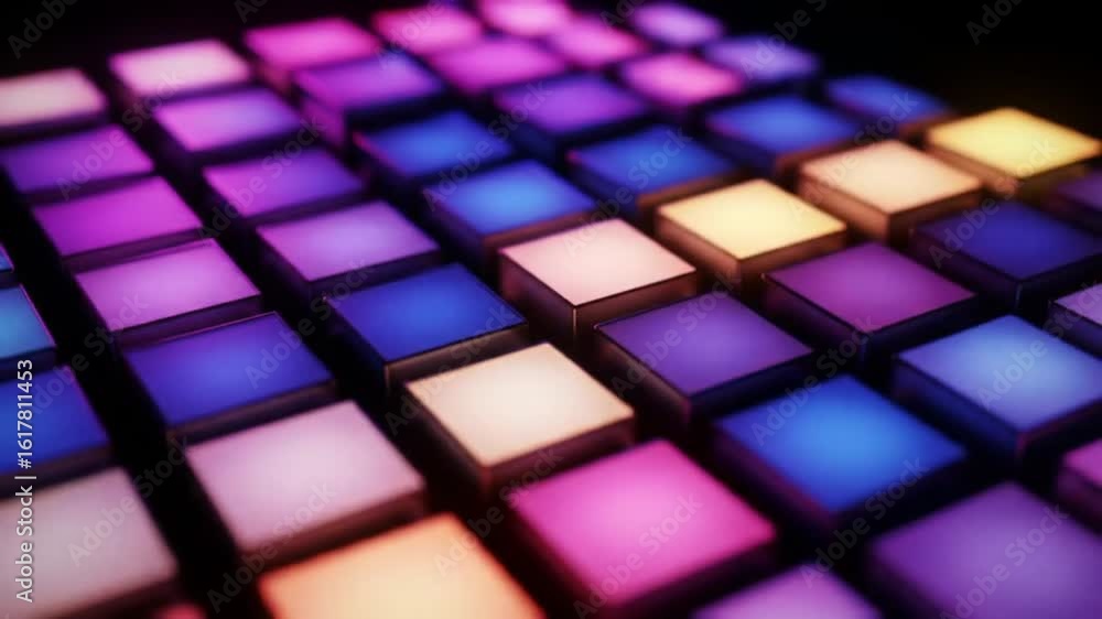 Poster vibrant glowing square tiles creating a mesmerizing, geometric and abstract colorful visual display