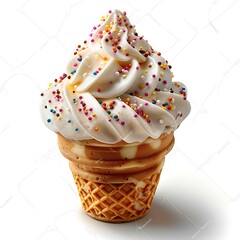 A vanilla soft serve ice cream cone with colorful sprinkles on a white background