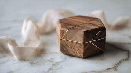 Wooden decorative box with golden accents on marble background  