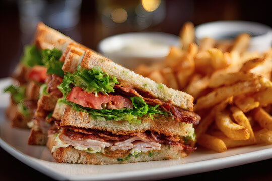 classic club sandwich with layers of meat, lettuce, tomato  and fries - Powered by Adobe