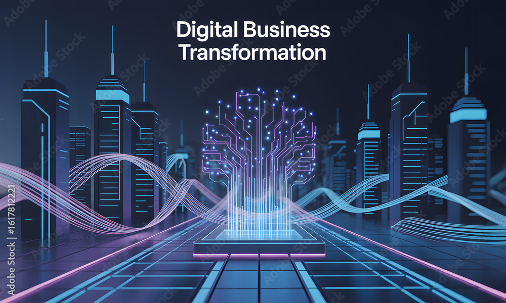 Poster digital business transformation concept in futuristic smart city with abstract tech tree and data fl