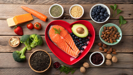 Healthy vegeis and fisg in red heart shape bowl