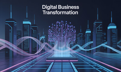 Digital Business Transformation Concept in Futuristic Smart City with Abstract Tech Tree and Data Flow