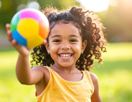 Portrait of a cheerful little girl with curly hair showing a colorful ball, enjoying a sunny day of play outdoors.