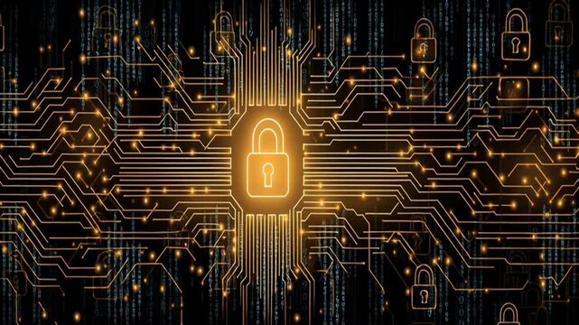 Digital background featuring digital security elements with circuit patterns and padlock icons, representing data protection in the modern world - Powered by Adobe