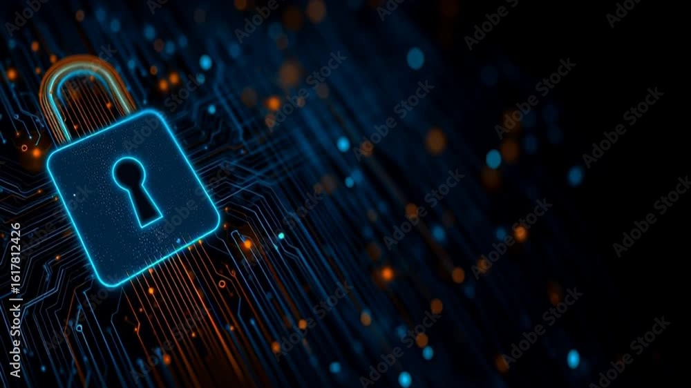 Poster digital background featuring an abstract digital padlock and circuit board, representing cybersecuri
