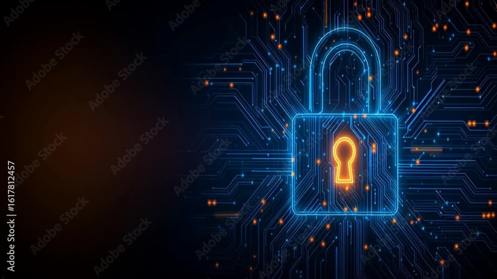 Poster digital background featuring an abstract digital padlock and circuit board, representing cybersecuri