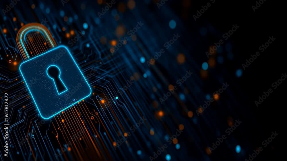 Poster digital background featuring an abstract digital padlock and circuit board, representing cybersecuri