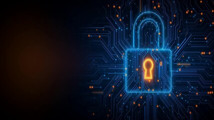 Digital background featuring an abstract digital padlock and circuit board, representing cybersecurity in technology - Powered by Adobe