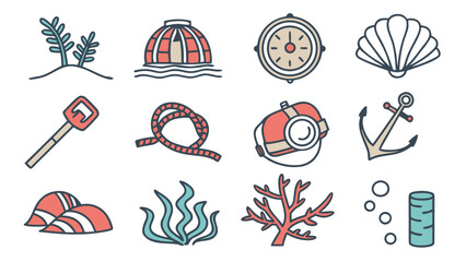 Ocean Life Line Icon Set (No Animals) – Vector Minimalist Icons Featuring Marine Elements, Plants, and Seascape Objects