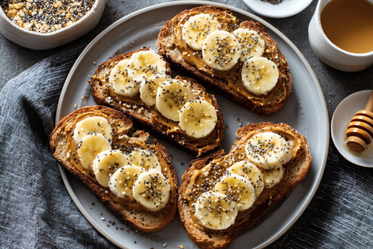 peanut butter toast with banana slices and chia seeds