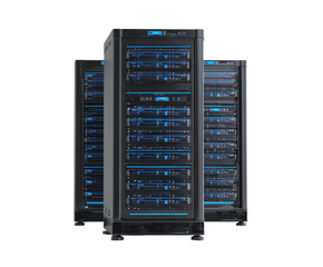 Three dark gray server cabinets, vertically stacked, feature glowing blue accents.  Rows of components are visible within the cabinets