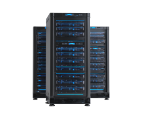 Three dark gray server cabinets, vertically stacked, feature glowing blue accents.  Rows of components are visible within the cabinets