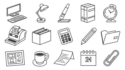 Office Tools Icon Set – Vector Line Icons Featuring Office Equipment, Gadgets, and Essential Workplace Tools