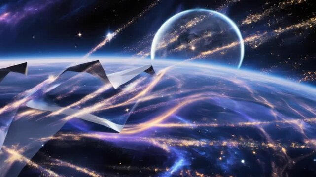 Galaxies fold like origami in mid-air, each crease sending waves of shimmering particles outward.