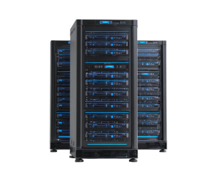 Three dark gray server cabinets, vertically stacked, feature glowing blue accents.  Rows of components are visible within the cabinets