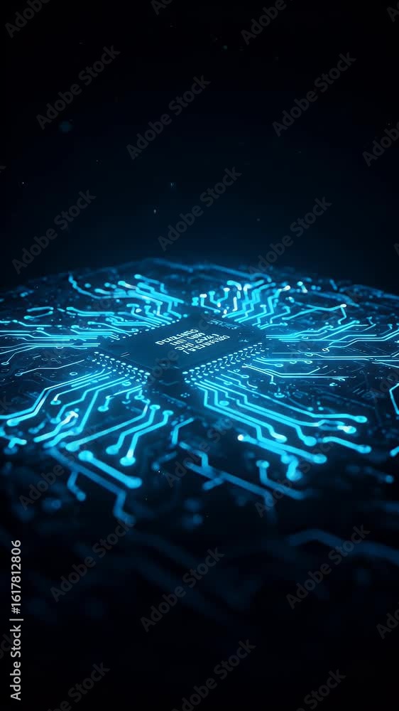 Poster 3d abstract animated circuit board with blue neon glowing lines design