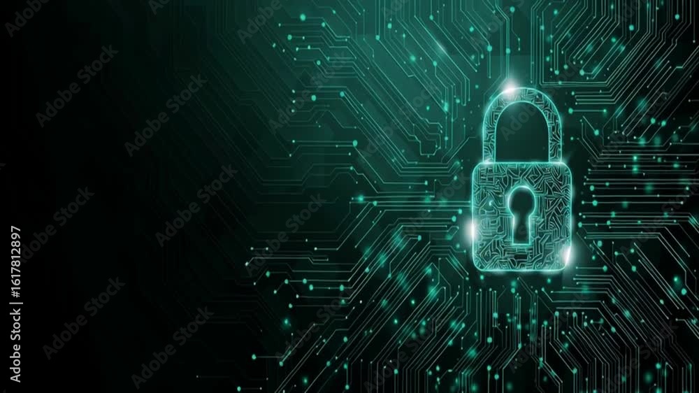 Poster cybersecurity banner background with digital padlock and circuit board elements, symbolizing data pr