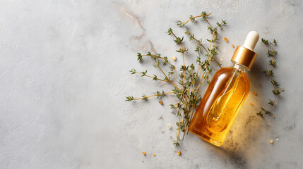 Essential honey bottle with herbs on marble surface  