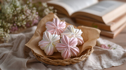 Delicate pastel meringues arranged in a woven basket on a table  