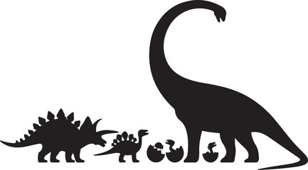 Vector illustration of dinosaur silhouette including Stegosaurus, Brontosaurus, Velociraptor, Triceratops, Tyrannosaurus rex, and Spinosaurus
