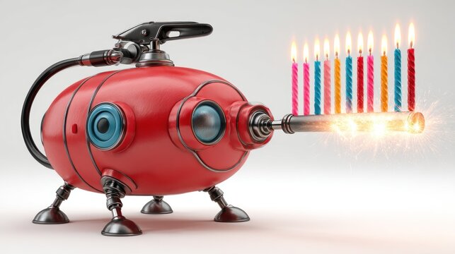 Red robot fires a candle menorah