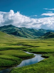 Lush valley, mountains, clear stream