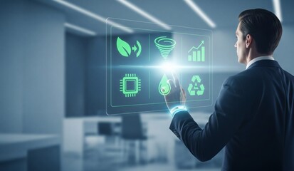 Sustainable technology and ESG data interface concept with futuristic digital graphics and environmental analytics on screen in business setting. 