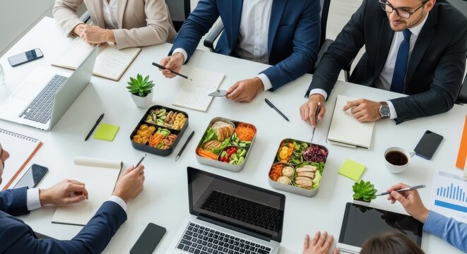 Business Meeting with Healthy Bento Lunches and Team Collaboration in Modern Office