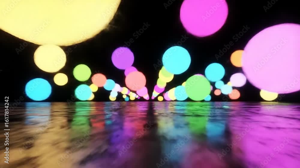 Poster abstract neon spheres bounce and create reflections on a dark, wet surface creating mesmerizing