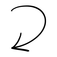 Hand drawn doodle curly black arrow, transparent background.  