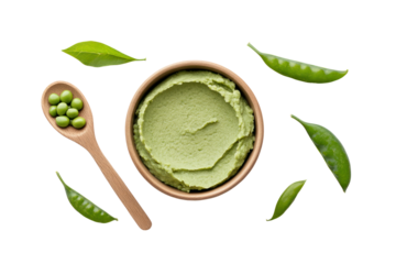 Green pea mash in Bowl: A captivating image showcases a culinary delight – fresh, vibrant green pea mash artfully presented in a rustic wooden bowl, evoking an image of health.
