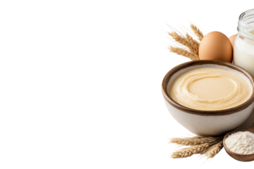 Homemade Delight: Fresh ingredients for culinary art: A bowl of creamy batter, along with eggs, flour and milk. The ingredients are the key element to the delicious and perfect texture of the dish.