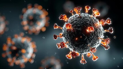 Microscopic view of multiple coronavirus cells and a dominant virus on a dark background showing medical research. Disease concept footage. - Powered by Adobe