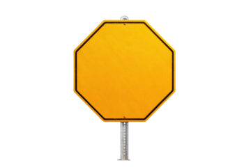 Empty octagonal traffic sign, bright yellow, mounted on a metallic pole